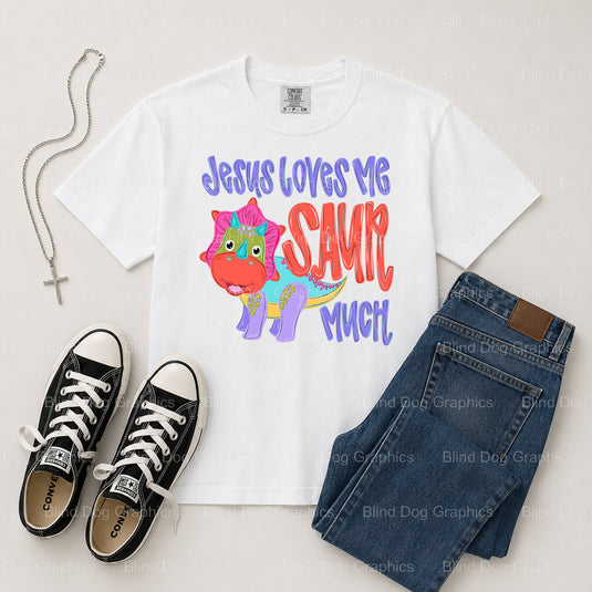Jesus loves me saurus much! – Christian Premade DTF Transfer (view 1 of 2) – by Blind Dog Graphics – Premade Transfers – C...