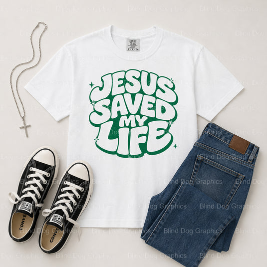 Jesus Saved My Life – Christian Premade DTF Transfer (view 2 of 2) – by Blind Dog Graphics – Premade Transfers – Christian...