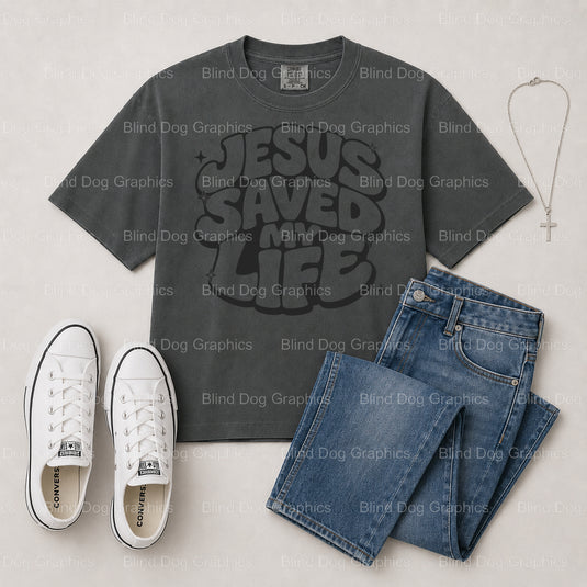 JESUS SAVED MY LIFE – Christian Premade DTF Transfer (view 2 of 2) – by Blind Dog Graphics – Premade Transfers – Christian...