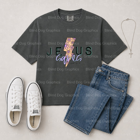 Jesus Saves – Christian Premade DTF Transfer (view 1 of 2) – by Blind Dog Graphics – Premade Transfers – Christian, Faith