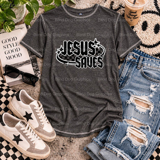 JESUS SAVES. – Christian Premade DTF Transfer (view 1 of 2) – by Blind Dog Graphics – Premade Transfers – Christian, Faith