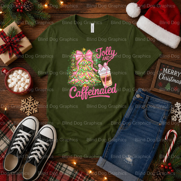 Jolly & Caffeinated – Christmas Premade DTF Transfer (view 1 of 2) – by Blind Dog Graphics – Premade Transfers – Christmas...