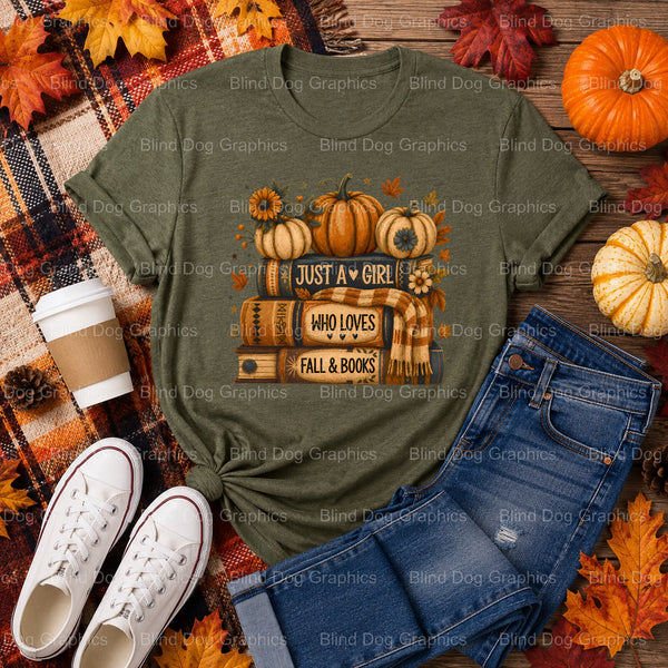 Just A Girl Who Loves Fall and Books – Fall Premade DTF Transfer (view 2 of 2) – by Blind Dog Graphics – Premade Transfers...