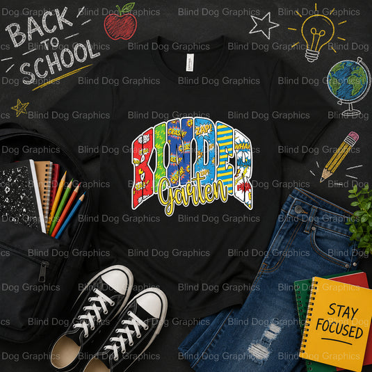 KINDERGARTEN – School Premade DTF Transfer (view 1 of 2) – by Blind Dog Graphics – Premade Transfers – School DTF Transfer...