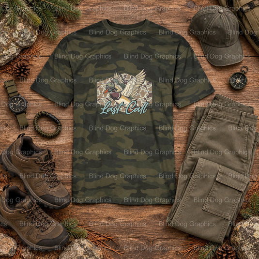 Last Call - Hunting Premade DTF Transfer (view 1 of 2) – by Blind Dog Graphics – Premade Transfers – Hunting, Outdoors