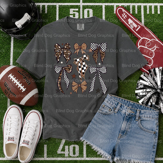 Leopard Checkered Football with Bows – Football Premade DTF Transfer (view 1 of 2) – by Blind Dog Graphics – Premade Trans...