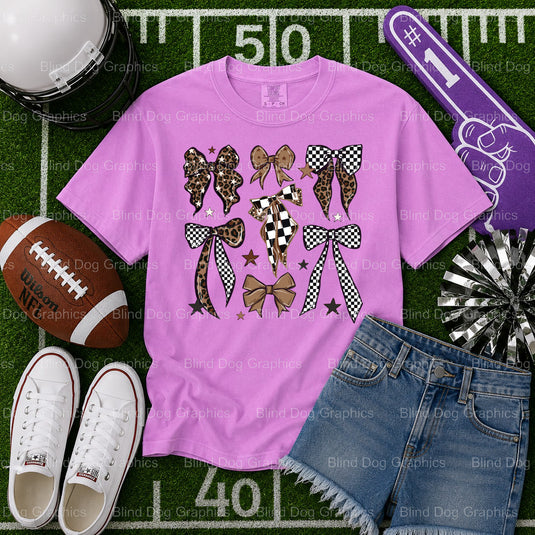 Leopard Checkered Football with Bows – Football Premade DTF Transfer (view 2 of 2) – by Blind Dog Graphics – Premade Trans...