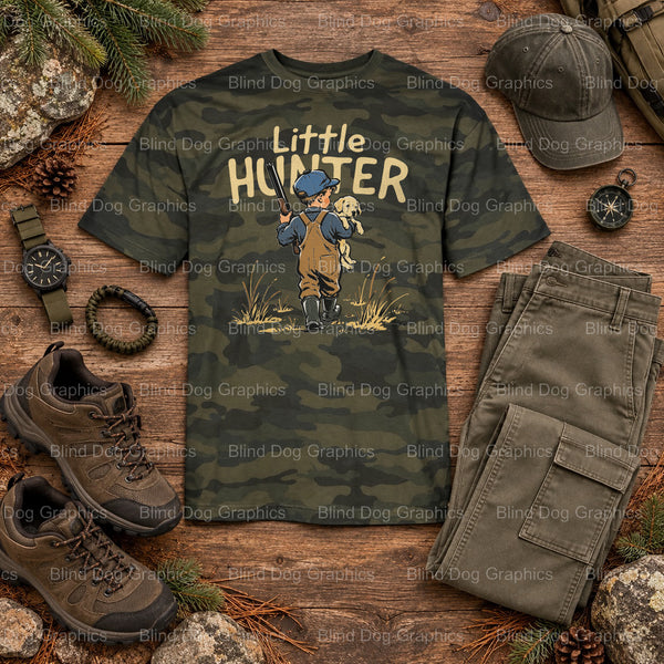 LITTLE HUNTER - Boy Duck Dog Hunting Premade DTF Transfer (view 1 of 2) – by Blind Dog Graphics – Premade Transfers – Hunt...