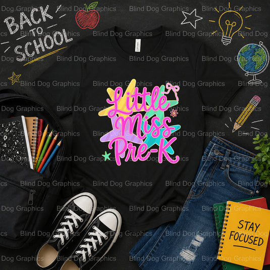 Little Miss Pre-K – School Premade DTF Transfer (view 1 of 2) – by Blind Dog Graphics – Premade Transfers – School DTF Tra...