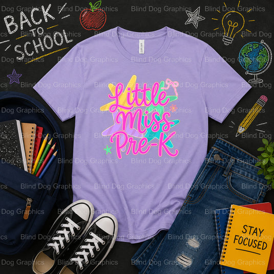 Little Miss Pre-K – School Premade DTF Transfer (view 2 of 2) – by Blind Dog Graphics – Premade Transfers – School DTF Tra...