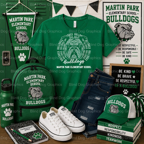 MARTIN PARK ELEMENTARY BULLDOGS SCHOOL with Bulldog Mascot – Martin Park Elementary School Premade DTF Transfer (view 1 of...