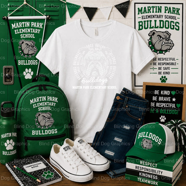 MARTIN PARK ELEMENTARY BULLDOGS SCHOOL with Bulldog Mascot – Martin Park Elementary School Premade DTF Transfer (view 2 of...