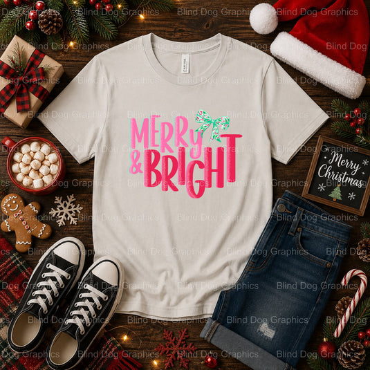 Merry and Bright – Christmas Premade DTF Transfer (view 1 of 2) – by Blind Dog Graphics – Premade Transfers – Christmas, H...