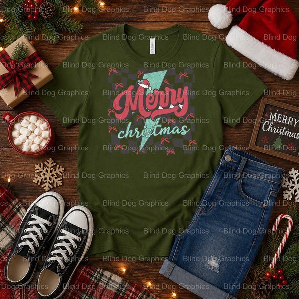 MERRY AND BRIGHT – Christmas Premade DTF Transfer (view 1 of 2) – by Blind Dog Graphics – Premade Transfers – Christmas, H...
