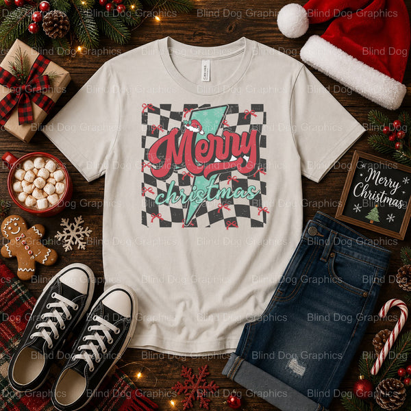 MERRY AND BRIGHT – Christmas Premade DTF Transfer (view 2 of 2) – by Blind Dog Graphics – Premade Transfers – Christmas, H...