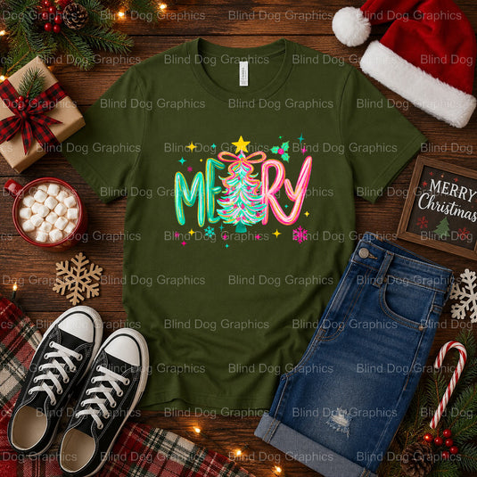MERRY & BRIGHT – Christmas Premade DTF Transfer (view 1 of 2) – by Blind Dog Graphics – Premade Transfers – Christmas, Hol...