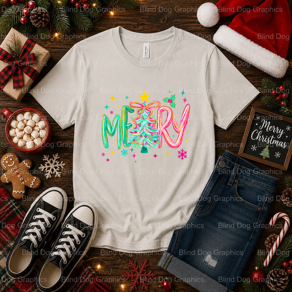 MERRY & BRIGHT – Christmas Premade DTF Transfer (view 2 of 2) – by Blind Dog Graphics – Premade Transfers – Christmas, Hol...