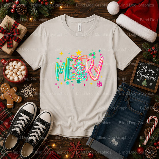 MERRY & BRIGHT – Christmas Premade DTF Transfer (view 2 of 2) – by Blind Dog Graphics – Premade Transfers – Christmas, Hol...