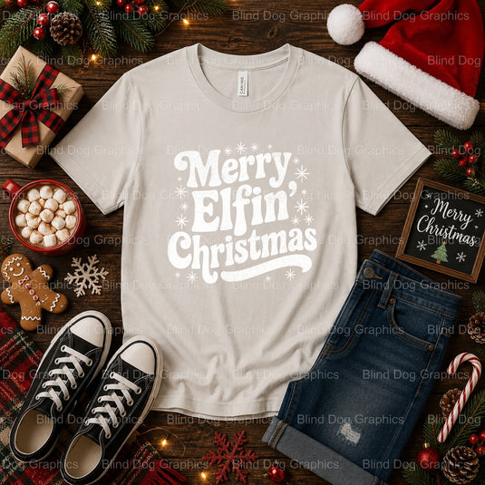 MERRY ELFIN' CHRISTMAS – Christmas Premade DTF Transfer (view 2 of 2) – by Blind Dog Graphics – Premade Transfers – Christ...