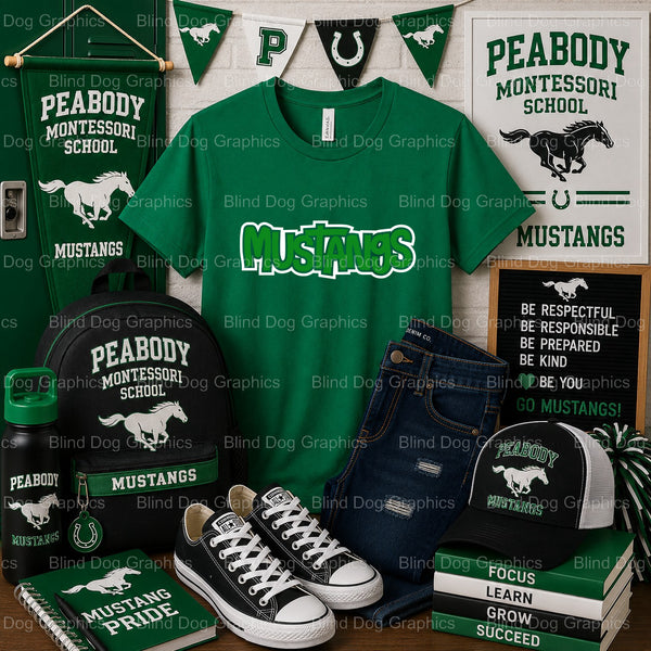 MUSTANGS PEABODY MONTESSORI Mustang Head – Peabody Montessori School Premade DTF Transfer (view 1 of 2) – by Blind Dog Gra...