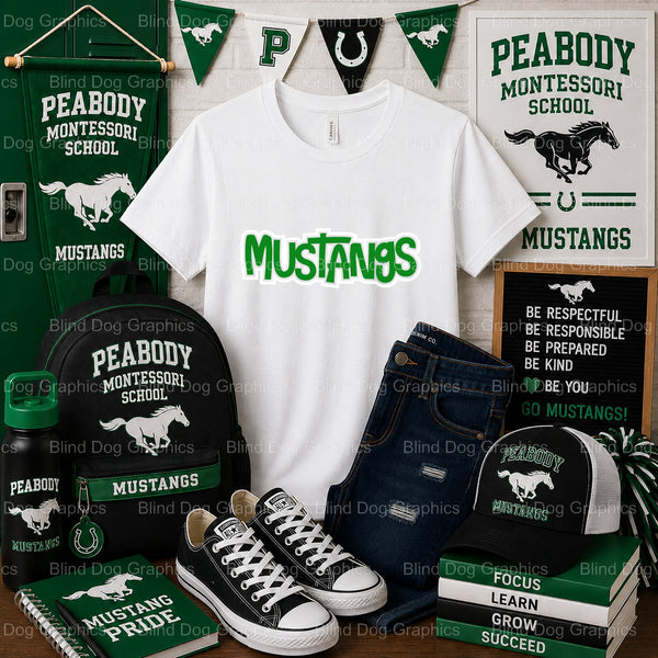 MUSTANGS PEABODY MONTESSORI Mustang Head – Peabody Montessori School Premade DTF Transfer (view 2 of 2) – by Blind Dog Gra...
