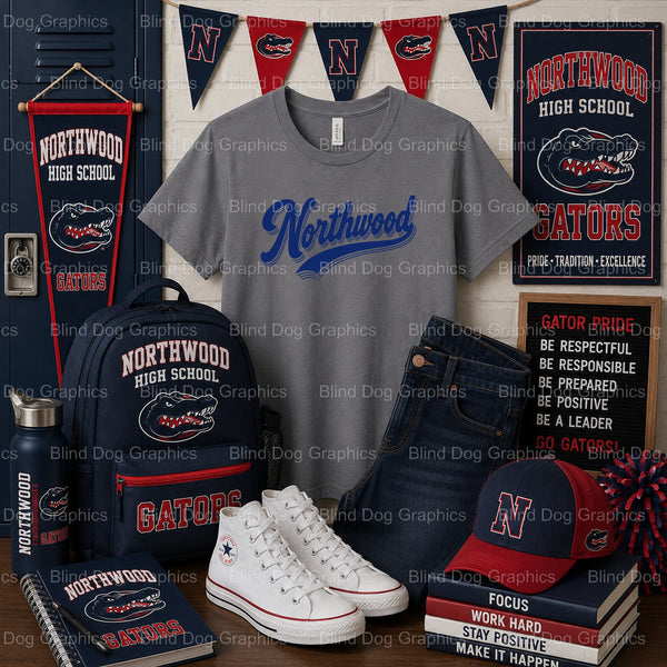 Northwood Script Echo Blue – Northwood High School Premade DTF Transfer – by Blind Dog Graphics – Premade Transfers – Nort...