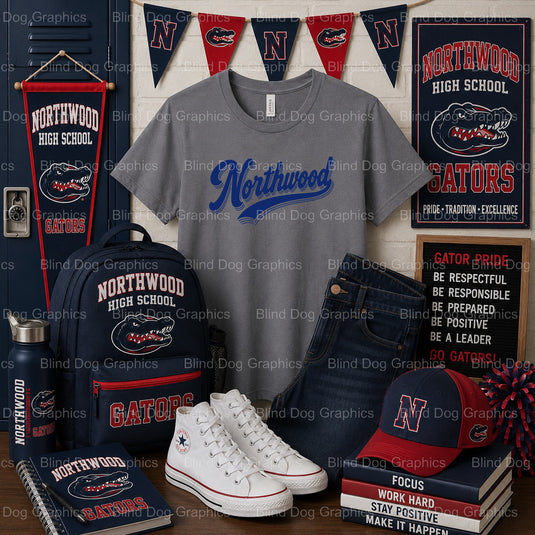 Northwood Script Echo Blue – Northwood High School Premade DTF Transfer – by Blind Dog Graphics – Premade Transfers – Nort...