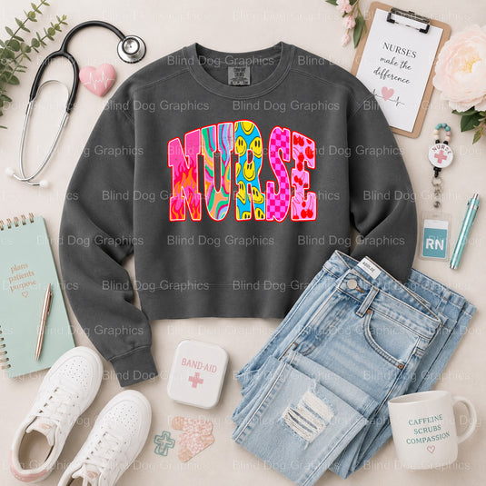 NURSE. Groovy Distressed DTF Transfer (view 2 of 2) – by Blind Dog Graphics – Premade Transfers – Nurse, Nursing