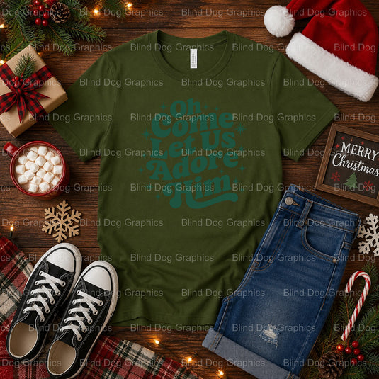 Oh Come Let Us Adore Him – Christmas Premade DTF Transfer (view 1 of 2) – by Blind Dog Graphics – Premade Transfers – Chri...