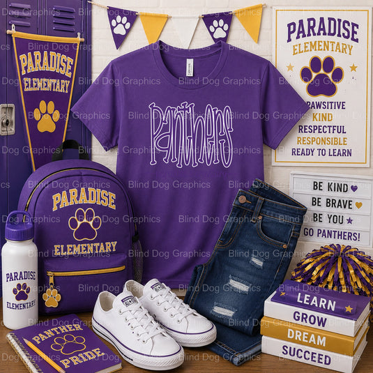 PARADISE ELEMENTARY PANTHERS SCHOOL – Paradise Elementary School Premade DTF Transfer (view 1 of 2) – by Blind Dog Graphic...