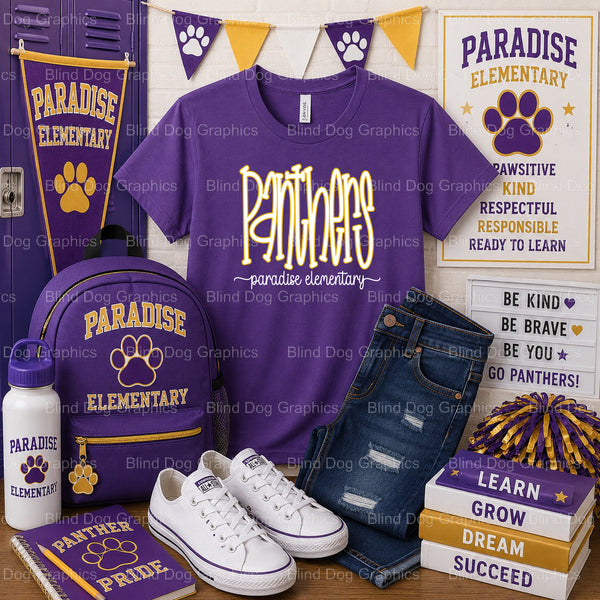 PARADISE ELEMENTARY PANTHERS SCHOOL – Paradise Elementary School Premade DTF Transfer (view 1 of 2) – by Blind Dog Graphic...