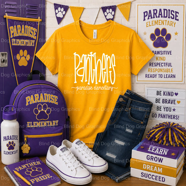 PARADISE ELEMENTARY PANTHERS SCHOOL – Paradise Elementary School Premade DTF Transfer (view 2 of 2) – by Blind Dog Graphic...