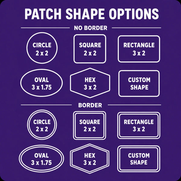 Chart showing various patch shape options with no border and border styles on a purple background.