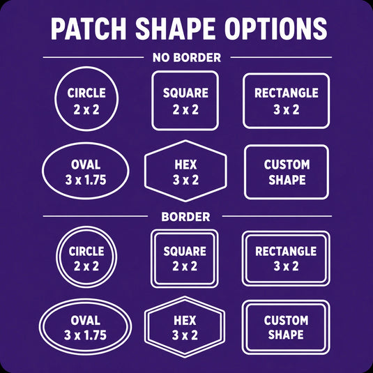 Chart showing various patch shape options with no border and border styles on a purple background.