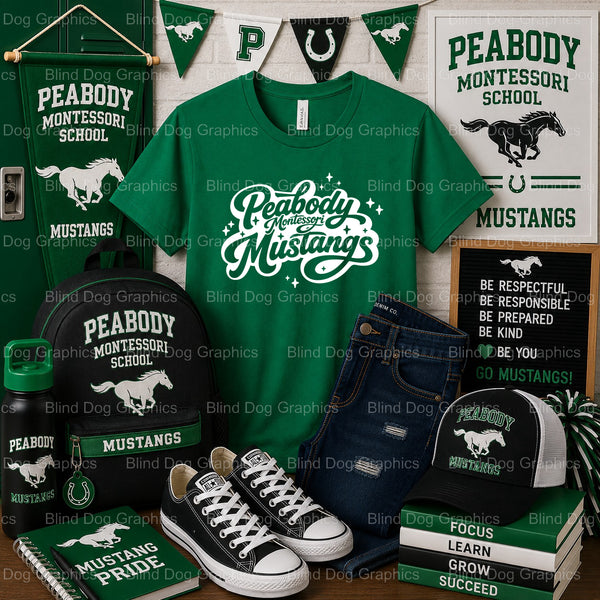 PEABODY MONTESSORI MUSTANGS EST. 1957 – Peabody Montessori School Premade DTF Transfer (view 1 of 2) – by Blind Dog Graphi...