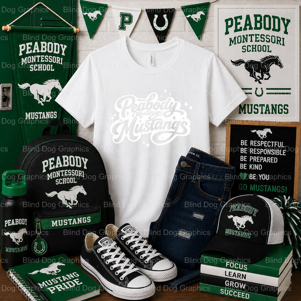 PEABODY MONTESSORI MUSTANGS EST. 1957 – Peabody Montessori School Premade DTF Transfer (view 2 of 2) – by Blind Dog Graphi...