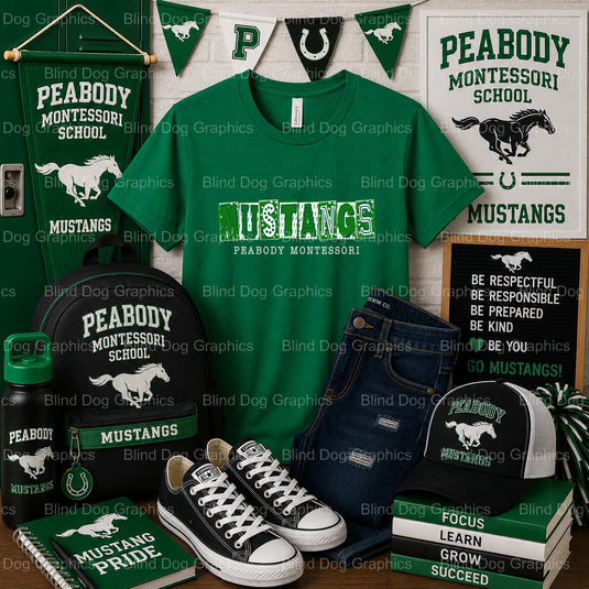 PEABODY MONTESSORI MUSTANGS EST. 1968 – Peabody Montessori School Premade DTF Transfer (view 1 of 2) – by Blind Dog Graphi...