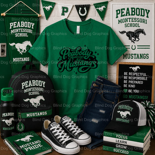 PEABODY MONTESSORI MUSTANGS Logo – Peabody Montessori School Premade DTF Transfer (view 1 of 2) – by Blind Dog Graphics –...