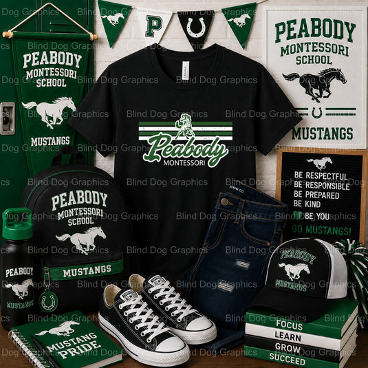 Peabody Montessori Mustangs Logo – Peabody Montessori School Premade DTF Transfer (view 1 of 2) – by Blind Dog Graphics –...