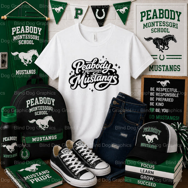 PEABODY MONTESSORI MUSTANGS Logo – Peabody Montessori School Premade DTF Transfer (view 2 of 2) – by Blind Dog Graphics –...