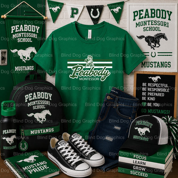 Peabody Montessori Mustangs Logo – Peabody Montessori School Premade DTF Transfer (view 2 of 2) – by Blind Dog Graphics –...