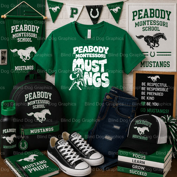 PEABODY MONTESSORI MUSTANGS SCHOOL SPIRIT – Peabody Montessori School Premade DTF Transfer (view 1 of 2) – by Blind Dog Gr...
