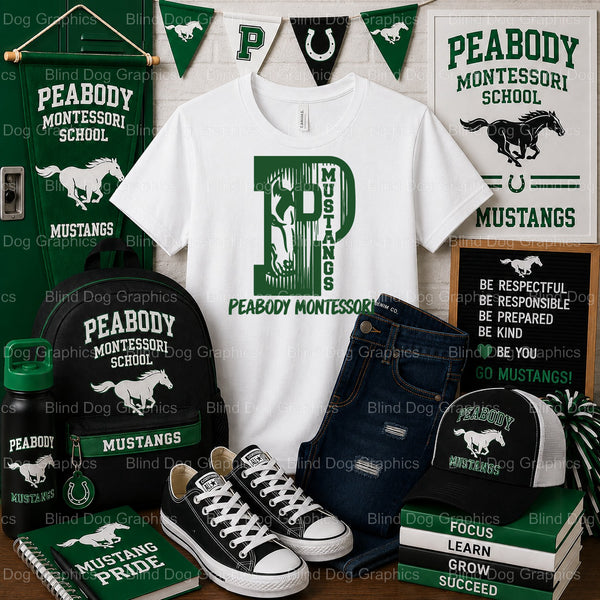 PEABODY MONTESSORI SCHOOL MUSTANGS EST. 1957 Shield – Peabody Montessori School Premade DTF Transfer (view 1 of 2) – by Bl...