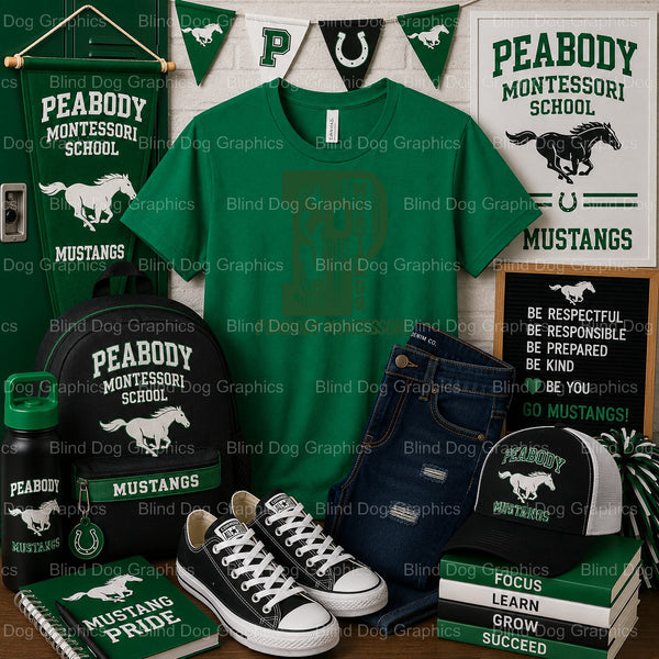 PEABODY MONTESSORI SCHOOL MUSTANGS EST. 1957 Shield – Peabody Montessori School Premade DTF Transfer (view 2 of 2) – by Bl...