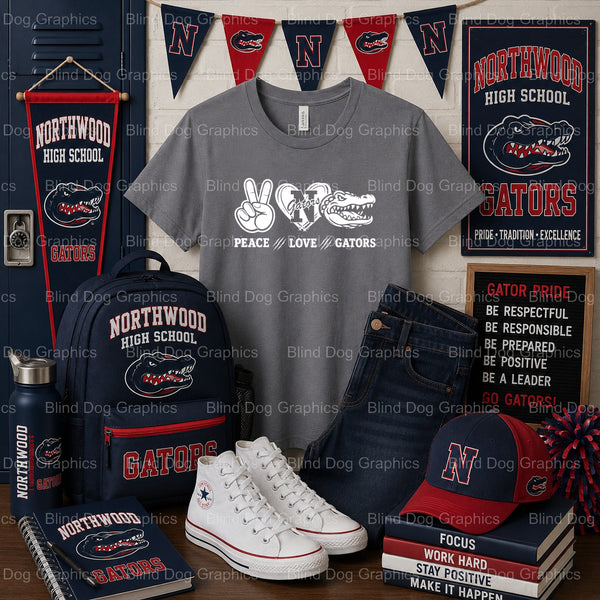 PEACE LOVE GATORS – Northwood High School Premade DTF Transfer – by Blind Dog Graphics – Premade Transfers – Northwood Hig...