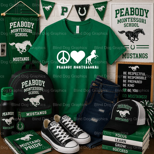 PEACE LOVE MUSTANGS – Peabody Montessori School Premade DTF Transfer (view 2 of 2) – by Blind Dog Graphics – Premade Trans...