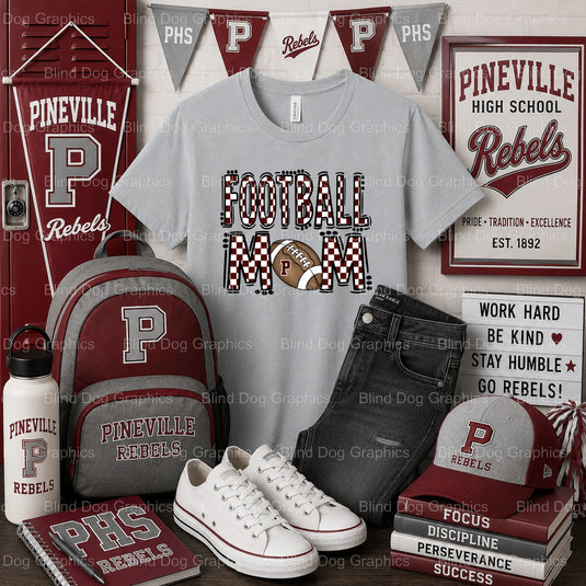 PHS FOOTBALL MOM – Pineville High School Premade DTF Transfer (view 2 of 2) – by Blind Dog Graphics – Premade Transfers –...