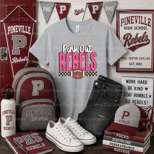 PHS Pink Out Rebels – Pineville High School Premade DTF Transfer (view 1 of 2) – by Blind Dog Graphics – Premade Transfers...