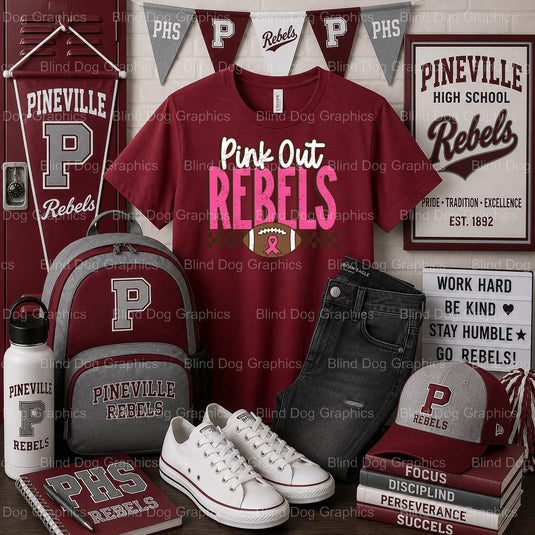 PHS Pink Out Rebels – Pineville High School Premade DTF Transfer (view 2 of 2) – by Blind Dog Graphics – Premade Transfers...