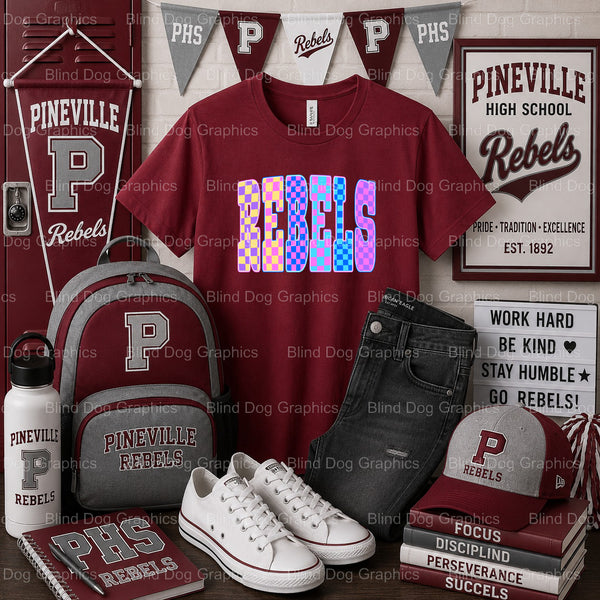 PHS REBELS Checkerboard Lightning Bolt – Pineville High School Premade DTF Transfer (view 1 of 2) – by Blind Dog Graphics...